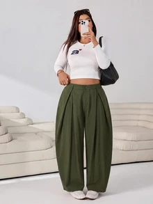 Solflare Plus Size Women's Solid Color Pleated Casual Versatile Daily Travel Long Pants - Army Green - View 4