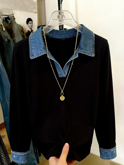 GlowEve CURVE Vintage Denim-Trim Patchwork Lapel Casual Loose Black Small V-Neck Plus Size Shirt Fall