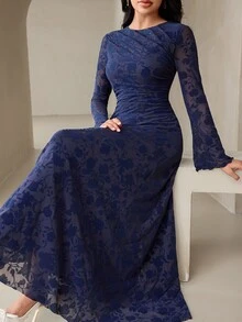 Veilorie Women's Round Neck Bell Sleeve Elegant Party Occasion Long Dress - Navy Blue - View 6