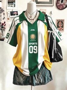 Lalippa 運動風條紋數位印花簡約女款翻領V領落肩短袖T恤，送給朋友的禮物 - 彩色 - 查看 1