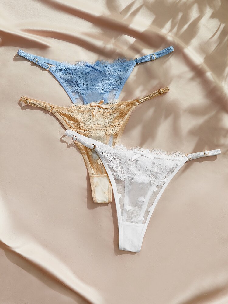 Charlaine Women's Low Waist Lace Thong Panties (3pcs/Pack) Heart Pattern Random Direction - Multicolor - View 5