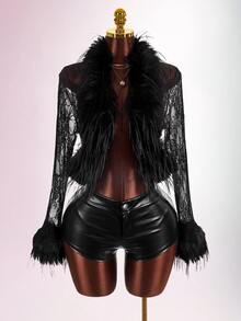 Amplova Ultra-Cropped Round Neck Lace Patchwork Faux Fur Contrast Color Women's Fitted Waist Party Banquet Graduation Season Jacket - Black - View 9