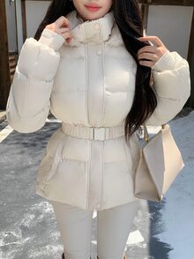 DAZY Women's Winter Hooded Cream White Fur Collar Cinched Waist Waist Zipper Short Slim Fit Elegant Commute Date Padded Coat - Apricot - View 3