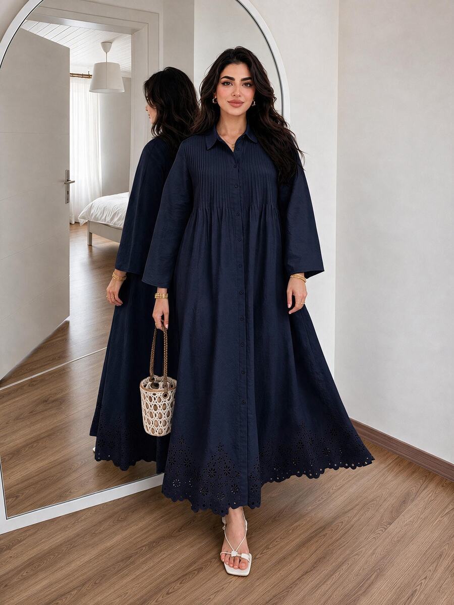 Solavon Plus Size Women Solid Color Long Sleeve Single-Breasted Casual Shirt Dress - Navy Blue - View 1