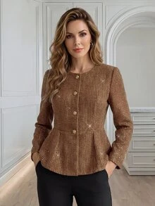 Medorina Elegant Luxury Chic, Sequin Button Up, Winter Jacket, Tweed Fabric, Gold Brown, Peplum Fit, Work Office Party, New Year, Fall Winter - Brown - View 1