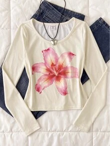 SHEIN Tween Girl Tween Girls Fashion Casual Daily Printed Round Neck Long Sleeve Top - Yellow - View 4