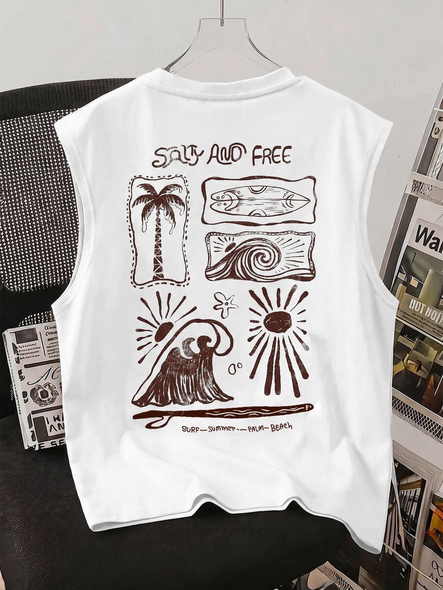 Daypath White Standard Size Men's Letter & Palm Tree Print Tank Top - White - View 1