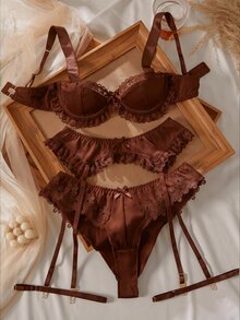 Crystal Vow 4pcs White Lace Patchwork Sexy Lingerie Set - Brown - View 1