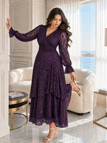 Auveirra Plus Size Women V-Neck Long Sleeve Patchwork Ruffle Elegant Lace Dress Fall - Purple - View 3