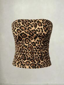 Elenzga Plus Size Women Casual Leopard Pattern Fitted Tube Top - White - View 3