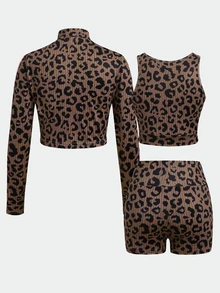 SHEIN Tween Girl Tween Girl Black White Polka Dots Print Mock Neck Zip-Up Jacket Camisole & Bike Shorts 3Pcs Set - Brown - View 4