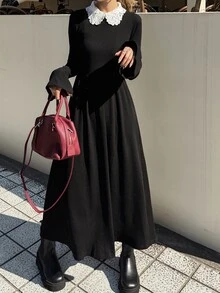 FRIFUL 女款秋季蕾絲對比領收腰羅紋長洋裝 - 黑色 - 查看 1