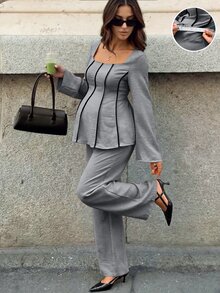 MaterniWear Maternity Square Neck Long Sleeve Shirt And Adjustable Waist Long Pants Casual 2 Pieces Set - Grey - View 3