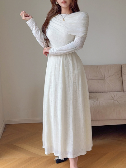 Feyla Women's Solid Color Pleated Long Sleeve Elegant Dress