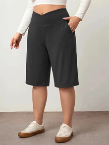 Enliva Plus Size Women's Black Casual Loose 3/4 Pants, Tummy Control V-Waist With Pockets, Suitable For Summer Daily Versatile Wear - Dark Grey - View 9