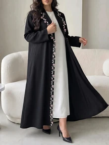 Al Najma Plus Size Women's Floral Embroidered Trim Lapel Neck Long Sleeve Abaya - Black - View 3
