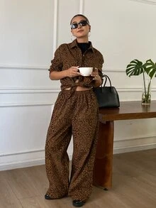 Livesso Brown Leopard Print Lapel Long Sleeve Single-Breasted Shirt With Matching Wide Leg Pants Casual 2 Pieces Set Fall - Black - View 6