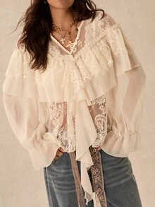 Easelle Vintage Bohemian V-Neck Lace Patchwork Romantic Women's Blouse - Beige - View 1