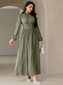 Veilorie Women's French Polka Dot Print Drawstring Tie Ruched Dress - Green - View 5