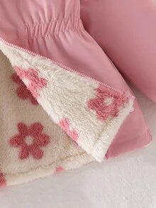 SHEIN 1件女童冬季新款毛絨內裡拉鍊開襟衫，附彈性腰部與連帽，百搭時尚防寒外套，適合戶外與通勤 - 粉色 - 查看 5