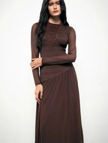 Maija Women's Solid Color Round Neck Contrast Mesh Pleated Elegant Long Dress - Dark Brown - View 5