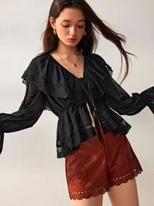 Willow Rêve Kemeja Longgar Hitam Wanita, Patchwork Renda Bunga Transparan, Kerah Berkerut, Ikatan Depan & Desain Lengan Lentera, Gaya Romantis Barat Musim Panas, Cocok Untuk Pesta - Hitam - View 5