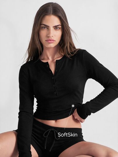 SHAPORA Top de pyjama femme minimaliste décontracté, doux et confortable, à manches longues, noir, coupe slim, ouverture devant