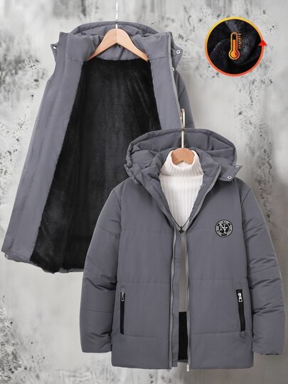 Teen Boys Quilted Ultrasonic Front Patch Label Hooded Casual Padded Coat