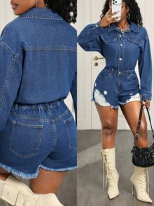 BamGleam Women's Long Sleeve Single-Breasted Casual Distressed Denim Romper - Dark Wash - View 10