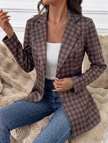 SHEIN Clasi 女款格紋翻領單扣休閒西裝外套 - 彩色 - 查看 6