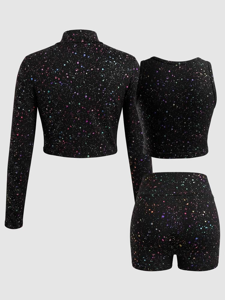 SHEIN Tween Girl Tween Girl Casual Sports Gymnastics Yoga Black Shiny Elegant High Elasticity Silver Foil Street Style Zip-Up Stand Collar Long Sleeve Jacket Vest Leggings 3 Pieces Set - Black - View 4