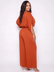 Poshavie Poshavie Plus Size Draped Batwing Sleeve Two Pieces Set, Boat Neck Ruched Top & High Waist Wide Leg Pants Eleg - Rust Brown - View 2