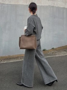 FRIFUL Women's Solid Color Long Sleeve Top And Pants Knit Two Pieces Set - Grey - View 4
