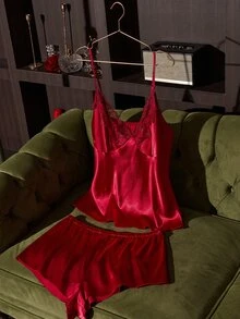SilkySpell Wine Red Faux Silk V-Neck Embroidered Lace Trim Camisole & Shorts Plus Size Pajama Set - Burgundy - View 1