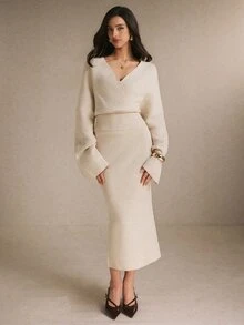 Poéselle Women's Ivory Ribbed Knit Two Pieces Set – Wrap V-Neck Bell-Sleeve Sweater And High-Waist Maxi Skirt Matching Outfit Women Fall Winter Sweater Set Chic - Apricot - View 3
