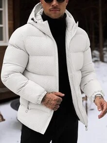 Manfinity Homme 男士米色華夫格紋絎縫連帽羽絨外套，拉鍊開合附口袋，寬鬆短版秋冬休閒街頭校園穿搭外套 - 杏色 - 查看 4