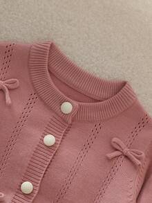 SHEIN 6 Months - 3 Years Baby Girl Bean Paste Color Round Neck Perforated Knit Cardigan With 3D Bow Decor Long Sleeve Jacket And Ruffle Hem Knit Wide Leg Pants 2 Pieces Set Infant Toddler Casual Spring Autumn Knit Outfit - Pink - View 3