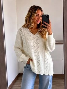 Wandoria Women's Autumn New Single Piece V-Neck Loose Regular Fit Solid Color Perforated Design Versatile Fashion Commute Daily Elegant Knit Pullover Long Sleeve Sweater - Beige - View 7