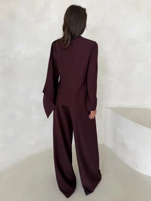 Aloruh Women's Lapel Metal Decor Blazer + Wide Leg Pants Set - Purple - View 2