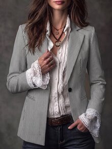 Solivie Jaket Blazer Wanita Elegan Kasual Profesional Musim Panas Bergaris, Serbaguna untuk Pakaian Sehari-hari, Atasan Kantor Kerja, Blus Serbaguna, Bergaris Hitam dan Putih - Hitam dan Putih - View 2