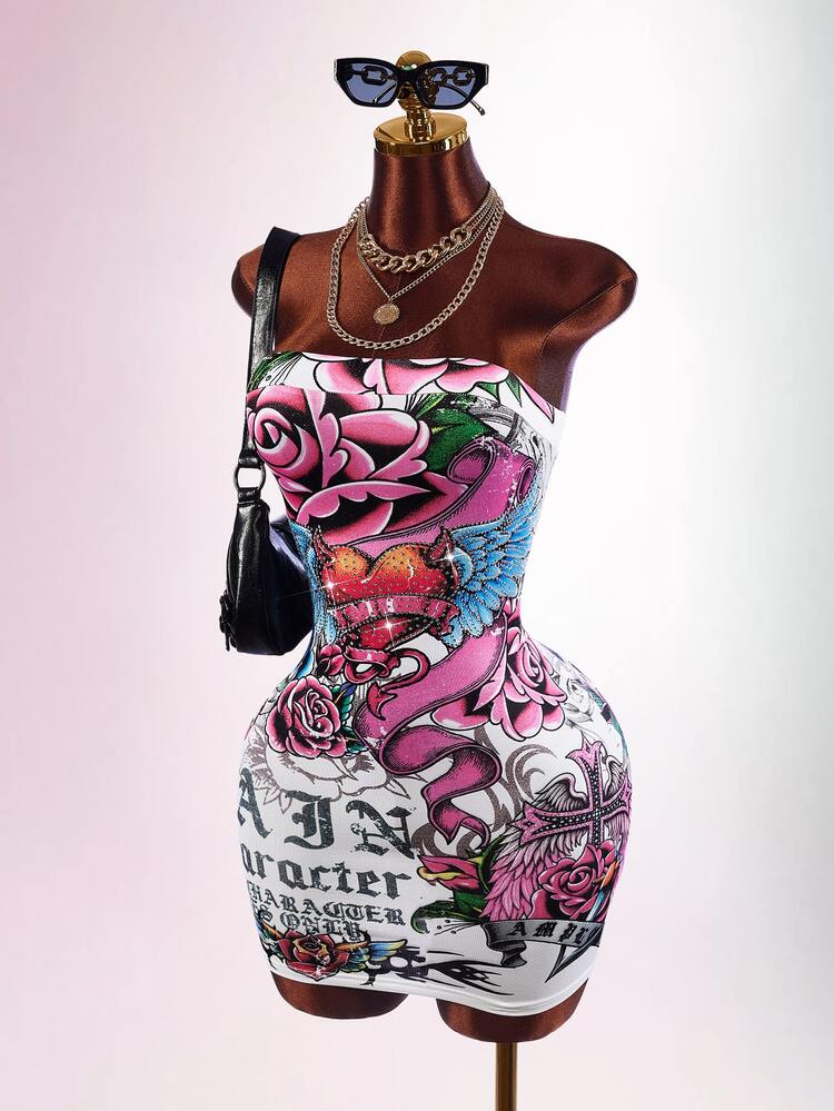 Amplova Women's Y2K Floral Print Strapless Fitted Mini Dress - Multicolor - View 3