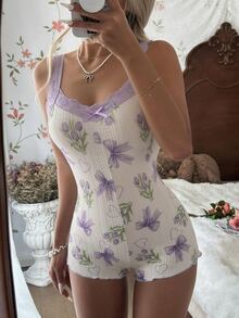 CottageSlumber Purple Tulip Lace Spaghetti Strap Jumpsuit, Criss-Cross Back Bow Sweet Home Sleepwear - White - View 6