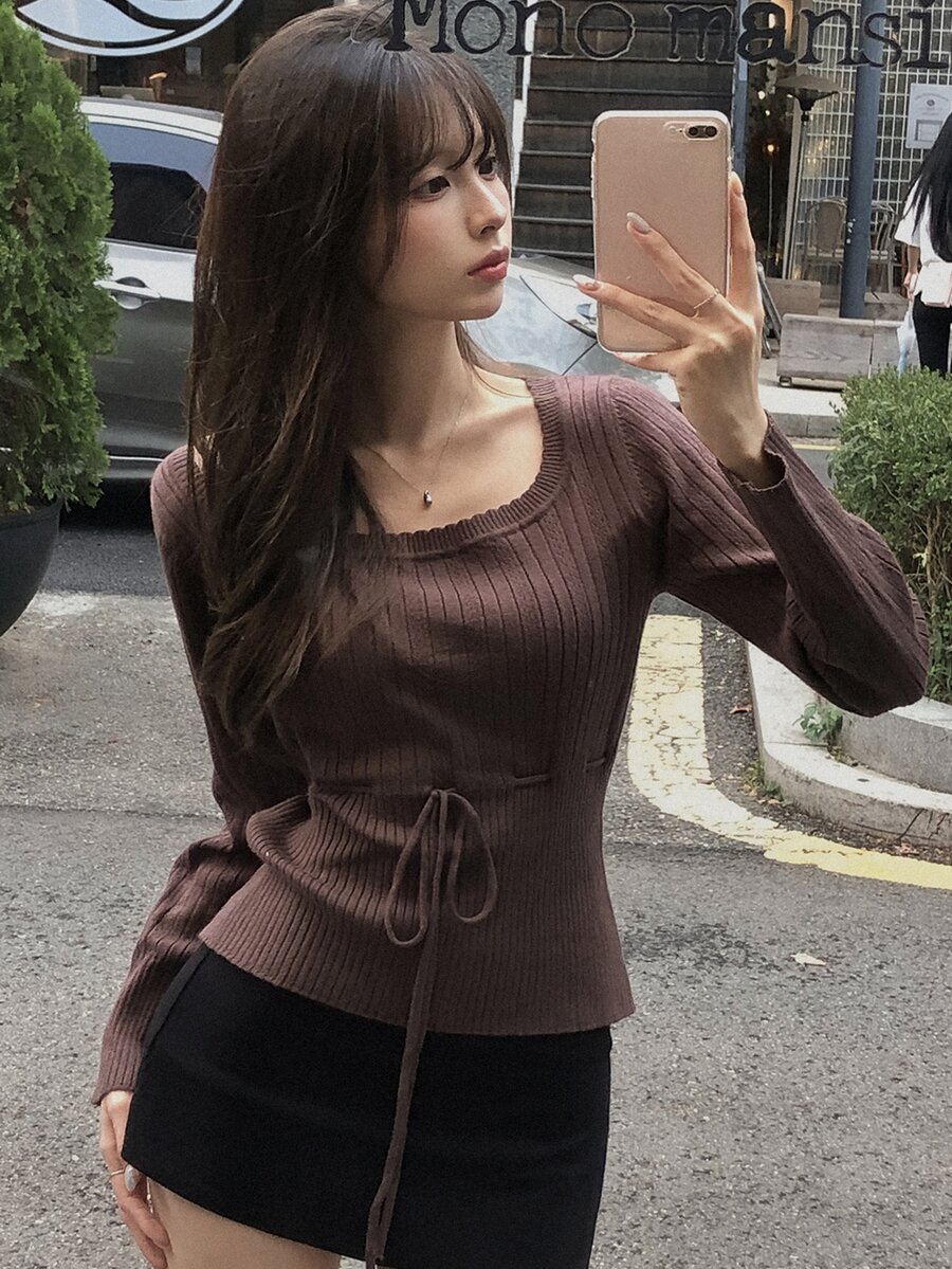 DAZY Solid Color Fitted Oversized Scoop Neck Long Sleeve Drawstring Tie Elegant Vacation Spring Autumn Pullover Knit Sweater - Brown - View 1