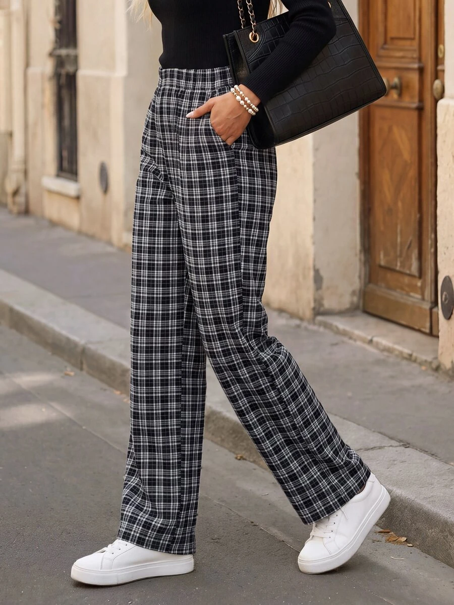 Faunlyn Women's Retro Plaid Casual Long Pants With Pockets, Autumn/Winter - Multicolor - View 1