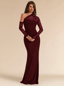 SHEIN BAE Spring/Summer Solid Black Asymmetrical Shoulder Ruched Fitted Maxi Fish Tail Mesh Dress For Women - Burgundy - View 4