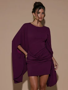 SHEIN BAE Fall Winter Plum Purple Cape Sleeve Round Neck Bodycon Ruched Sexy Mini Dress Thanksgiving Party Cocktail Short Dresses - Rose Red - View 6