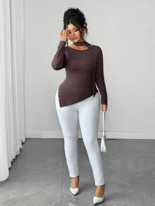 Elenzga Plus Size Maillard Brown Sexy Cold Shoulder Top With Rhinestone Ribbon Scarf, Elastic Slim Fit Slit Long Sleeve Base Layer Fall - Brown - View 5