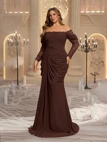 Glamrae Plus Size Elegant Glamorous Coffee Brown Cold Shoulder Lace Patchwork Heavy Embellishment Draped Evening Gown - Coffee Brown - View 6