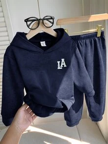 SHEIN 2件組兒童小男孩秋冬休閒長袖連帽衛衣與長褲運動套裝，男孩慢跑休閒套裝 - 藏蓝色 - 查看 8