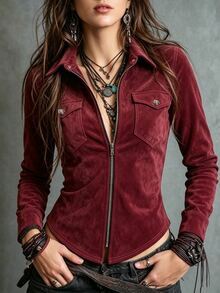 Glimmora Bohemian Western Style Burgundy Zipper Long Sleeve Vintage Shirt - Burgundy - View 1